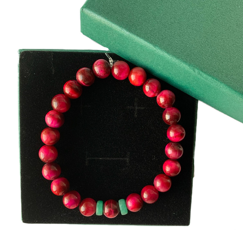 Emerald Emeralds Green Gift THE CAT Pink cat eye (8mm) with natural Colombian Emerald 2 wheel bars bracelet - Image 2