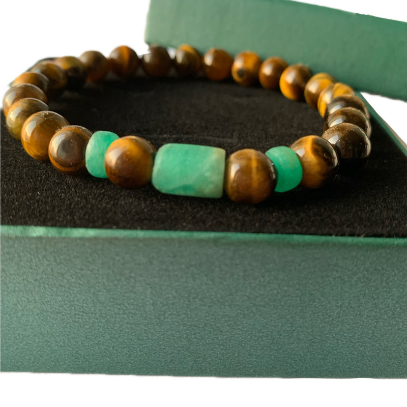 Emerald Emeralds Green Gift THE TIGER Natural tiger eye 8mm with genuine 3 Colombian Emeralds (2 wheels + 1 bar ~1cm) bracelet - Image 2