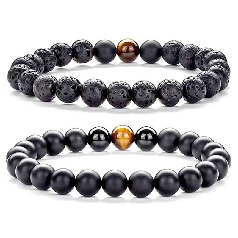 Bracelets Set Men Fashion Natural Volcanic Lava, Tiger Eye and Matte Onyx Style Gift for Men