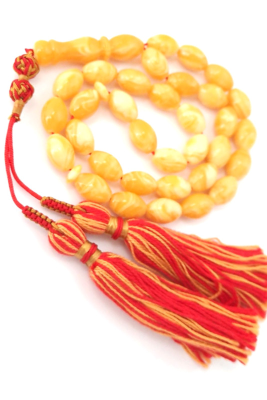 Prayer Beads Natural Poland Amber Sand with Red and Yellow Handmade Tassel