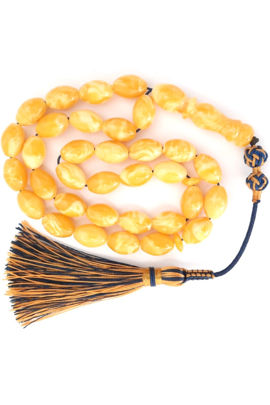 Prayer Beads Natural Poland Amber Sand Oval with Blue and Yellow Handmade Tassel