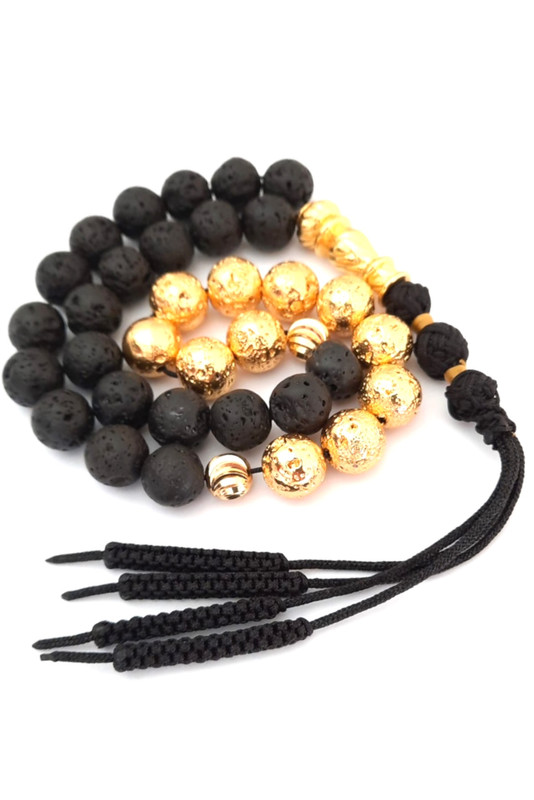 Prayer Beads Natural Volcanic Gold and Black Stone with Handmade Tassel - Image 2