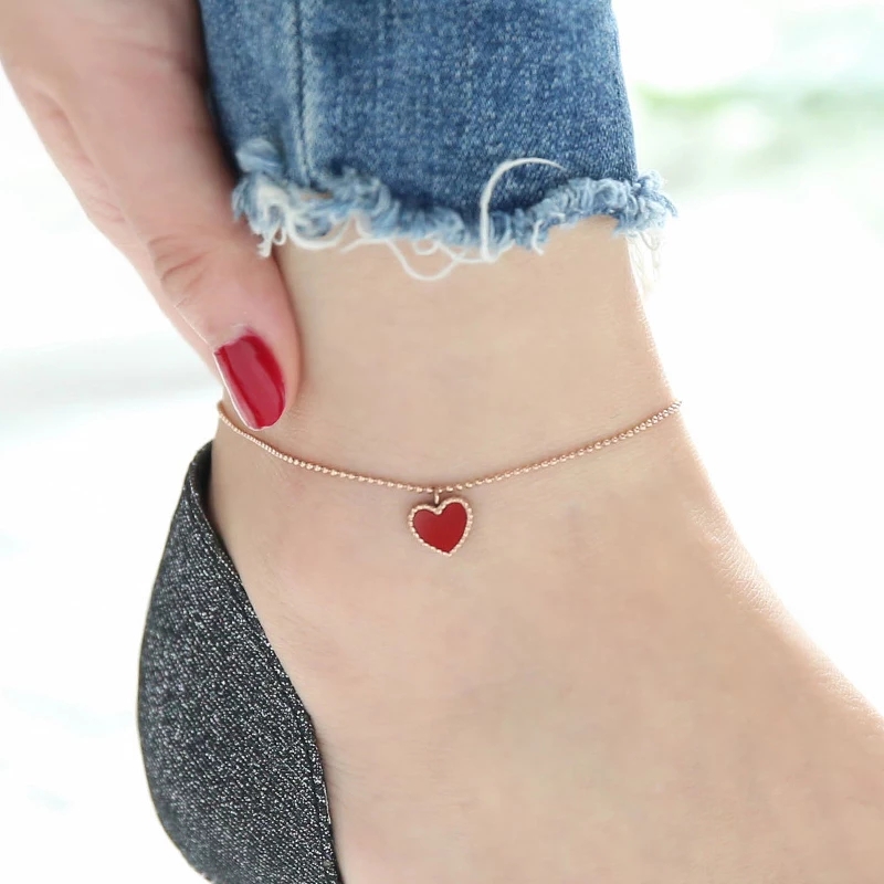 Anklet red love heart woman alloy