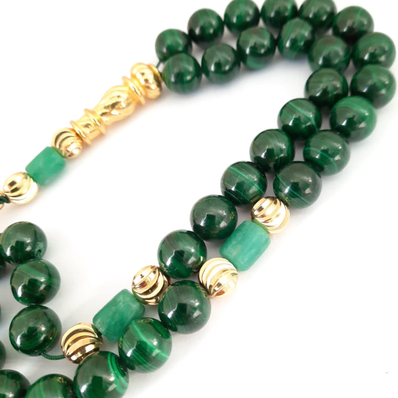 Prayer Beads Emerald Emeralds Green Gift THE EMPRESS natural malachite stone with genuine authentic Colombian Emerald 18k gold plated beads. Exclusive Design timeless piece of art Misbaha - Image 4