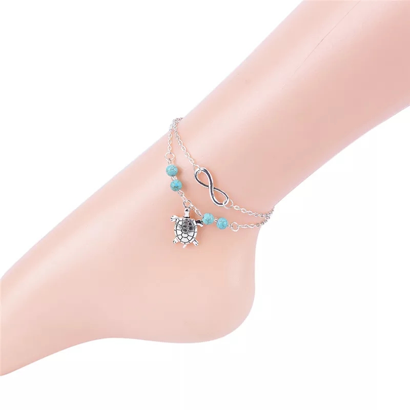 Anklet silver color eternity charm with turquoise color beads alloy - Image 2