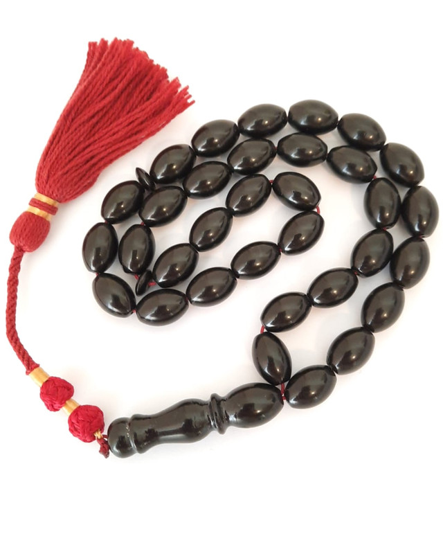 Prayer Beads Rare Unique Deep Black Amber Sand Misbaha Red Handmade Tassel