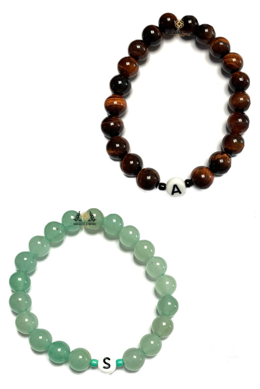 2 Bracelets Couples Bff Set Letter Initials Woman Bracelet Man Unisex Natural Aventurine And Red Tiger Eye - Image 2