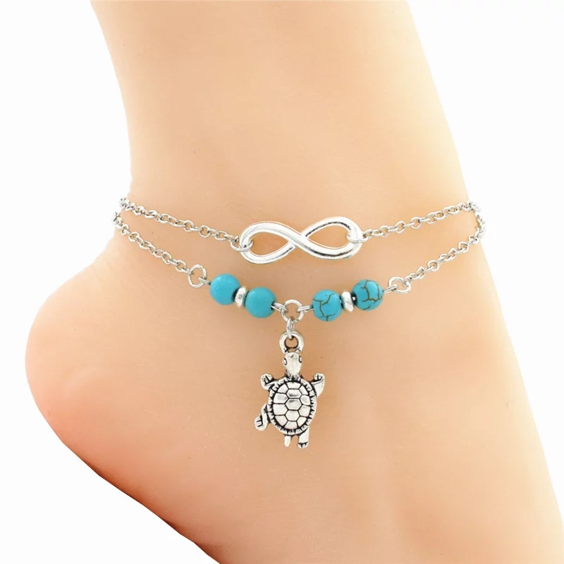 Anklet silver color eternity charm with turquoise color beads alloy - Image 3