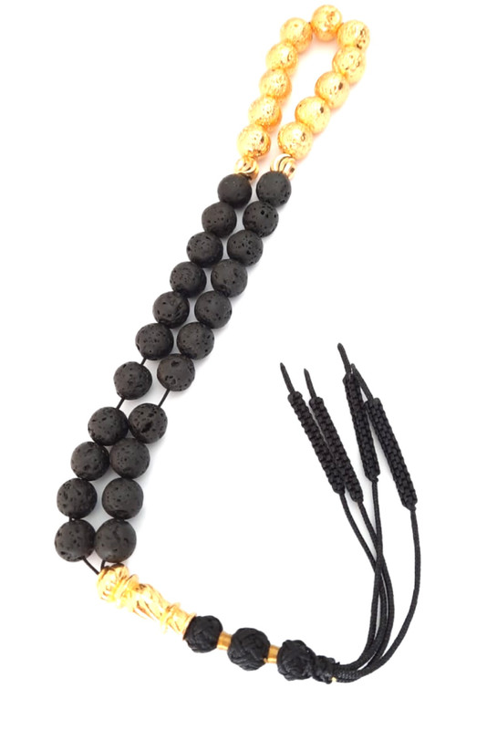 Prayer Beads Natural Volcanic Gold and Black Stone with Handmade Tassel - Image 3