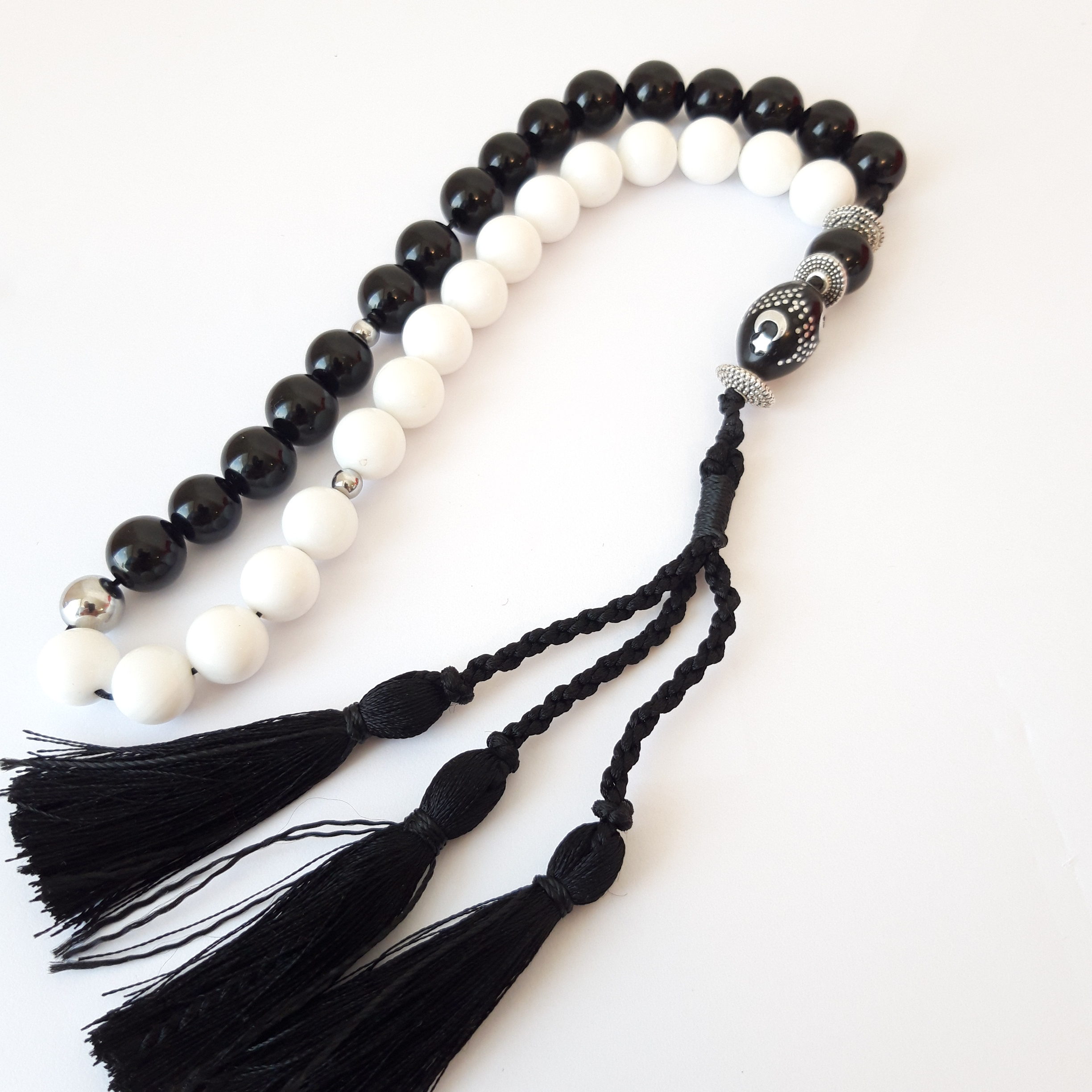 Prayer Beads Rosary Men Gift Tasbih Natural Yin Yang Balance. Onyx and Cotton Agate - Image 2