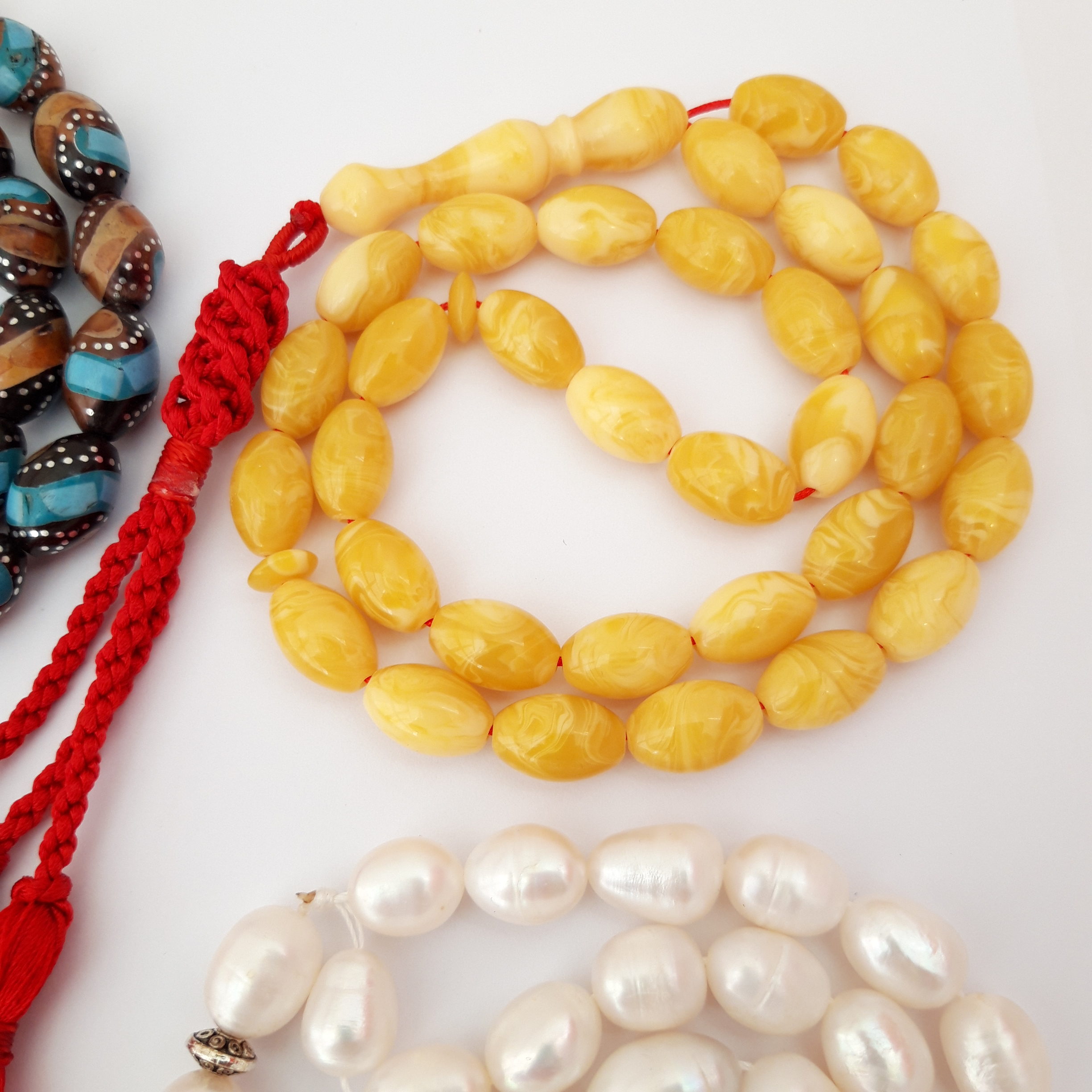 3 Handmade Sibhas. Pearl, Kook and Amber Sand - Image 3