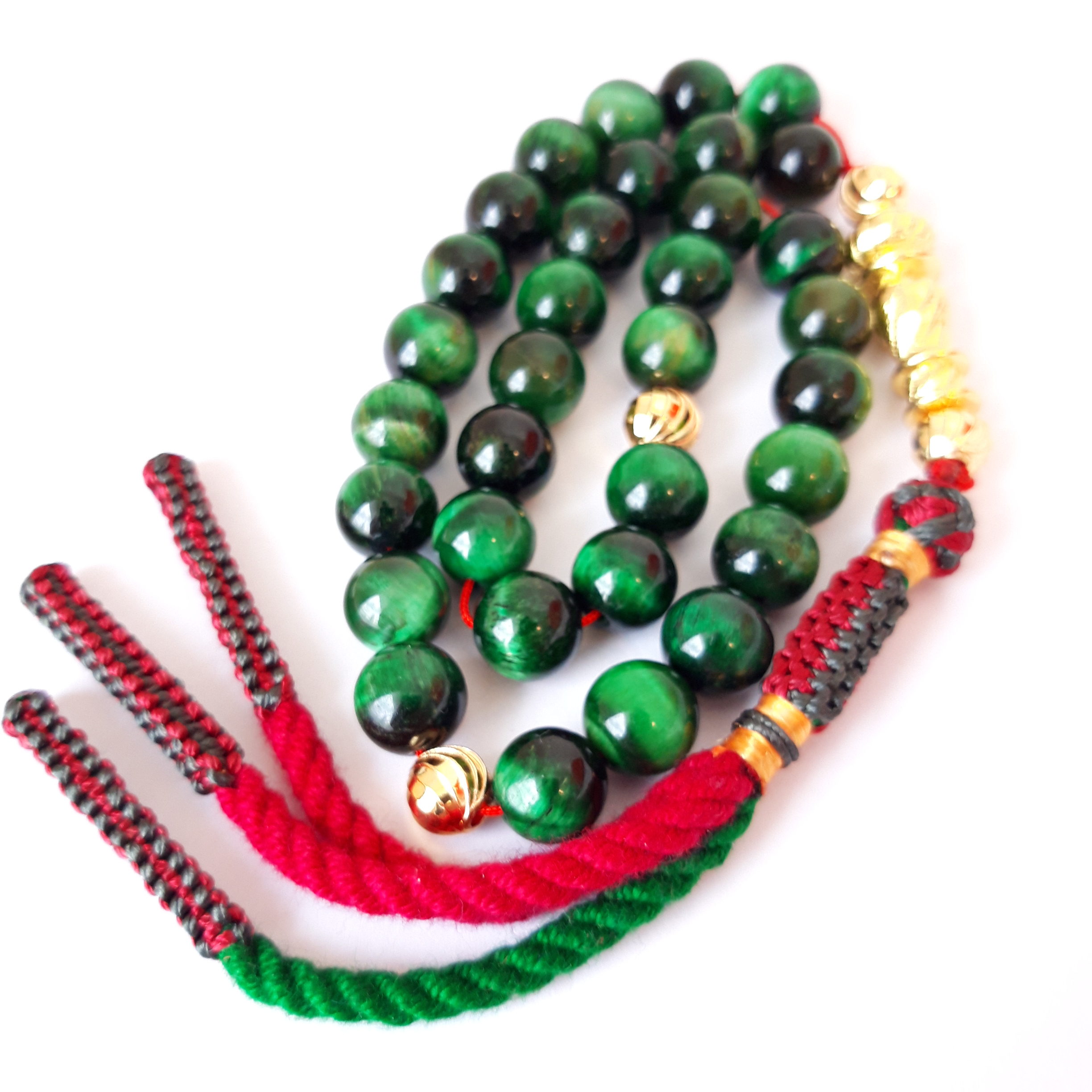 Prayer Beads Rosary Men Gift Tasbih Natural Green Cat Eye 18k Gold Plated - Image 2