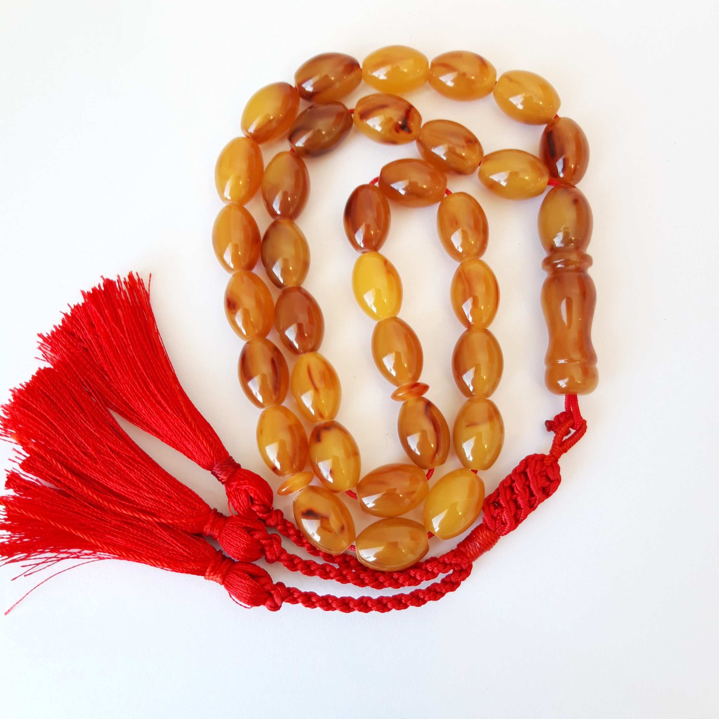 Deep honey natural amber sand, red handmade tassel - Image 3