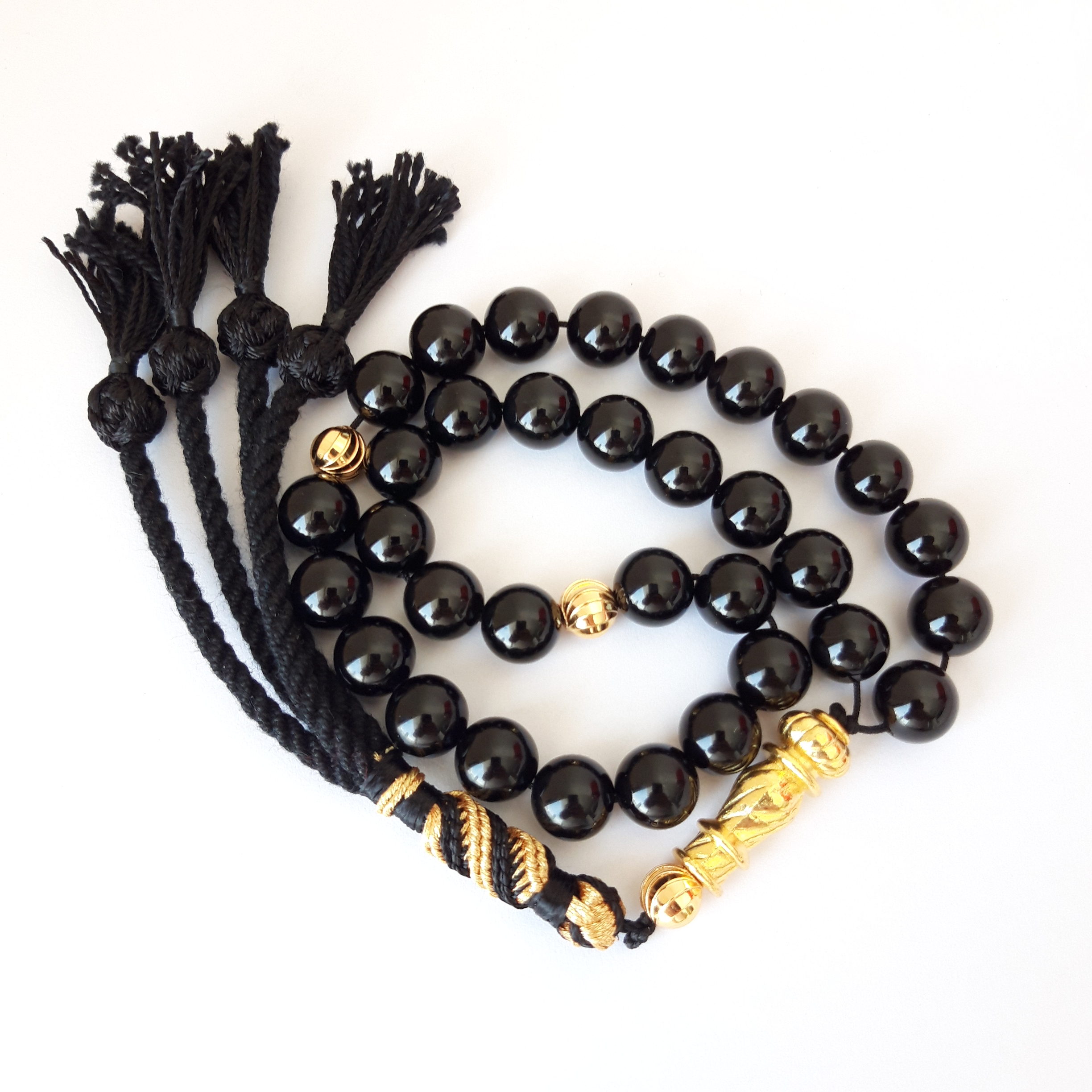 Prayer Beads Rosary Men Gift Tasbih Natural Onyx 18k Gold Plated