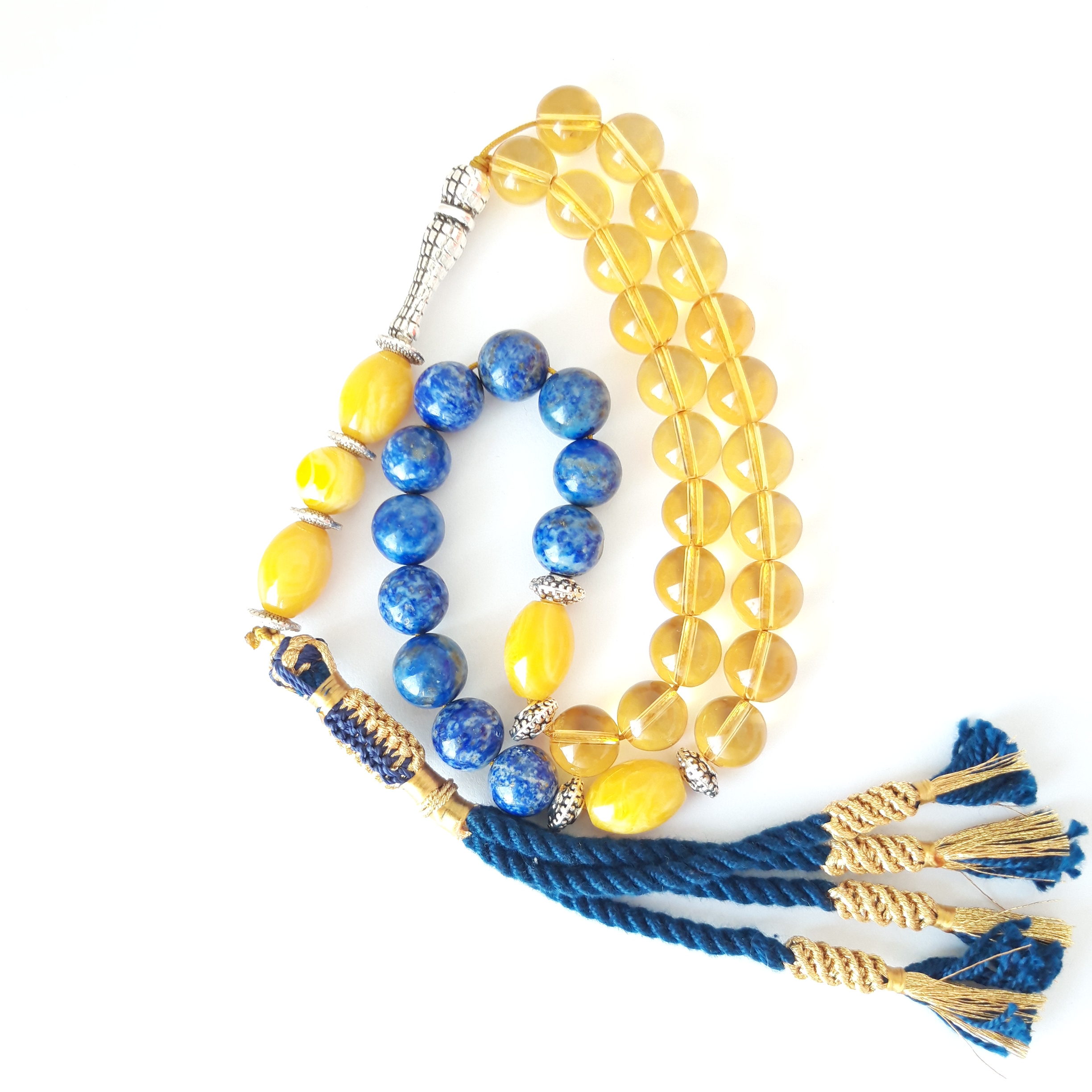 Prayer Beads Rosary Men Gift Tasbih Natural Citrine, Amber Sand and Lapis Lazuli