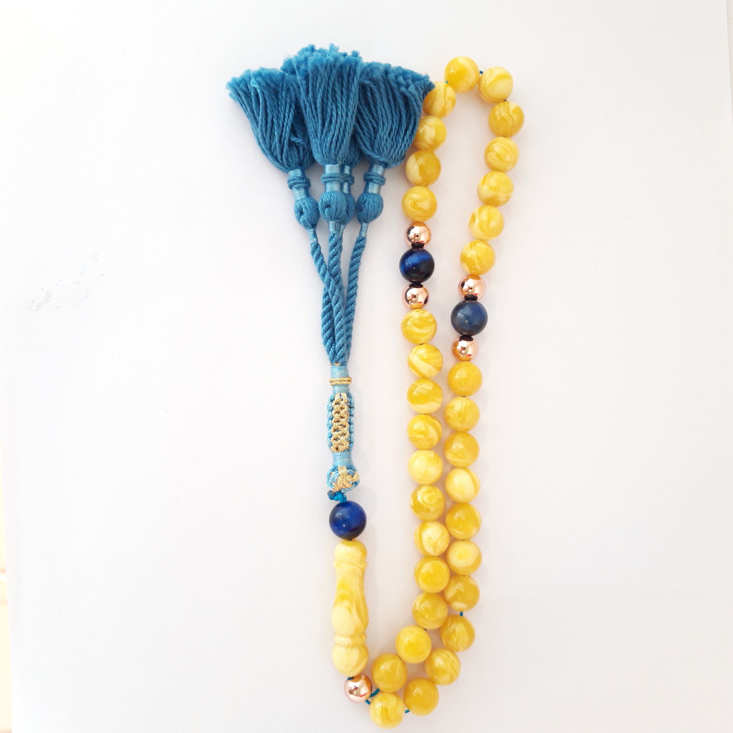 Rosary Prayer Beads Tasbeeh Men Gift Natural Amber Sand and Blue Cat Eye 18k Rose Gold Plated - Image 2