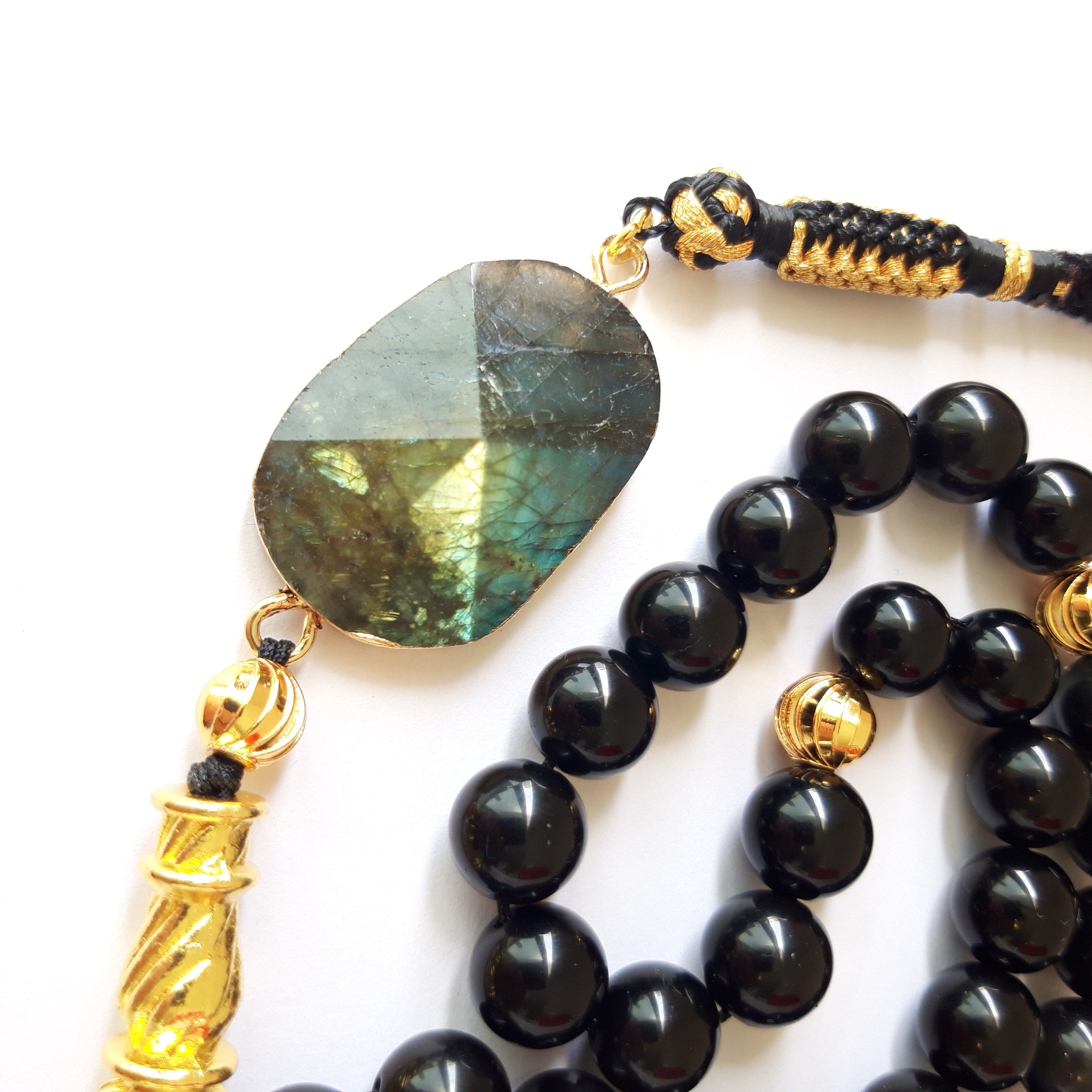Rosary Prayer Beads Tasbeeh Men Gift Natural Onyx and Labradorite 18k Gold Plated - Image 2