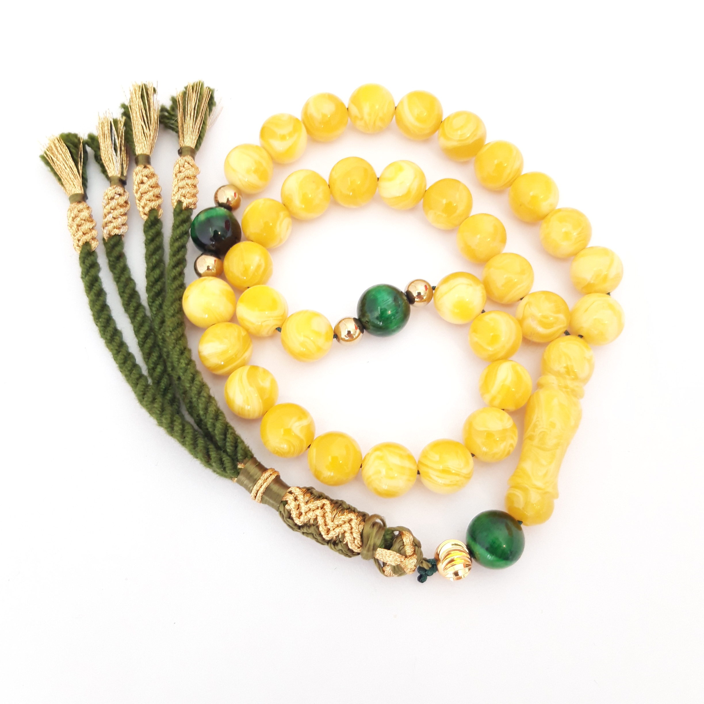 Rosary Gift Prayer Beads Men Tasbih Natural Amber Sand, Green Cat Eye, 18K Gold Plated - Image 2