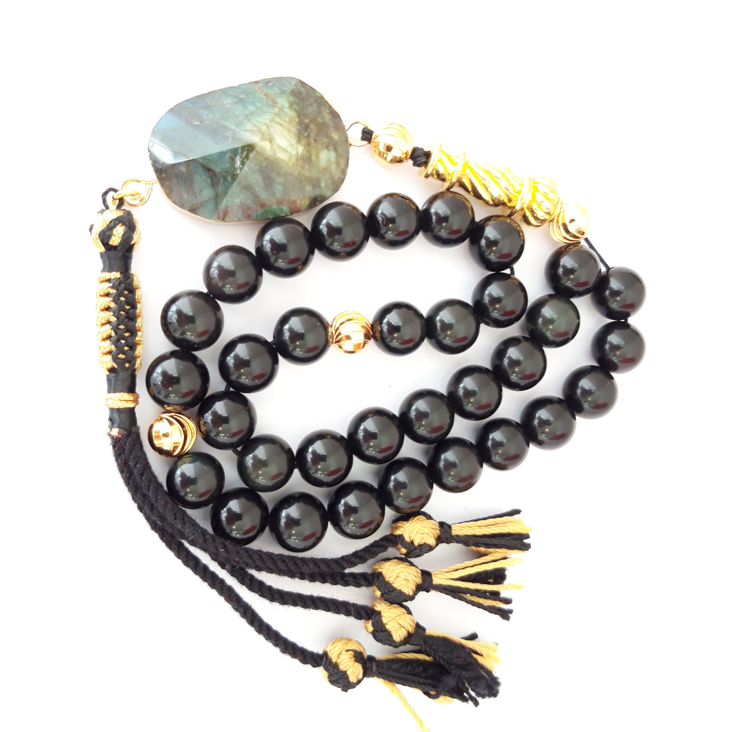 Rosary Prayer Beads Tasbeeh Men Gift Natural Onyx and Labradorite 18k Gold Plated - Image 3