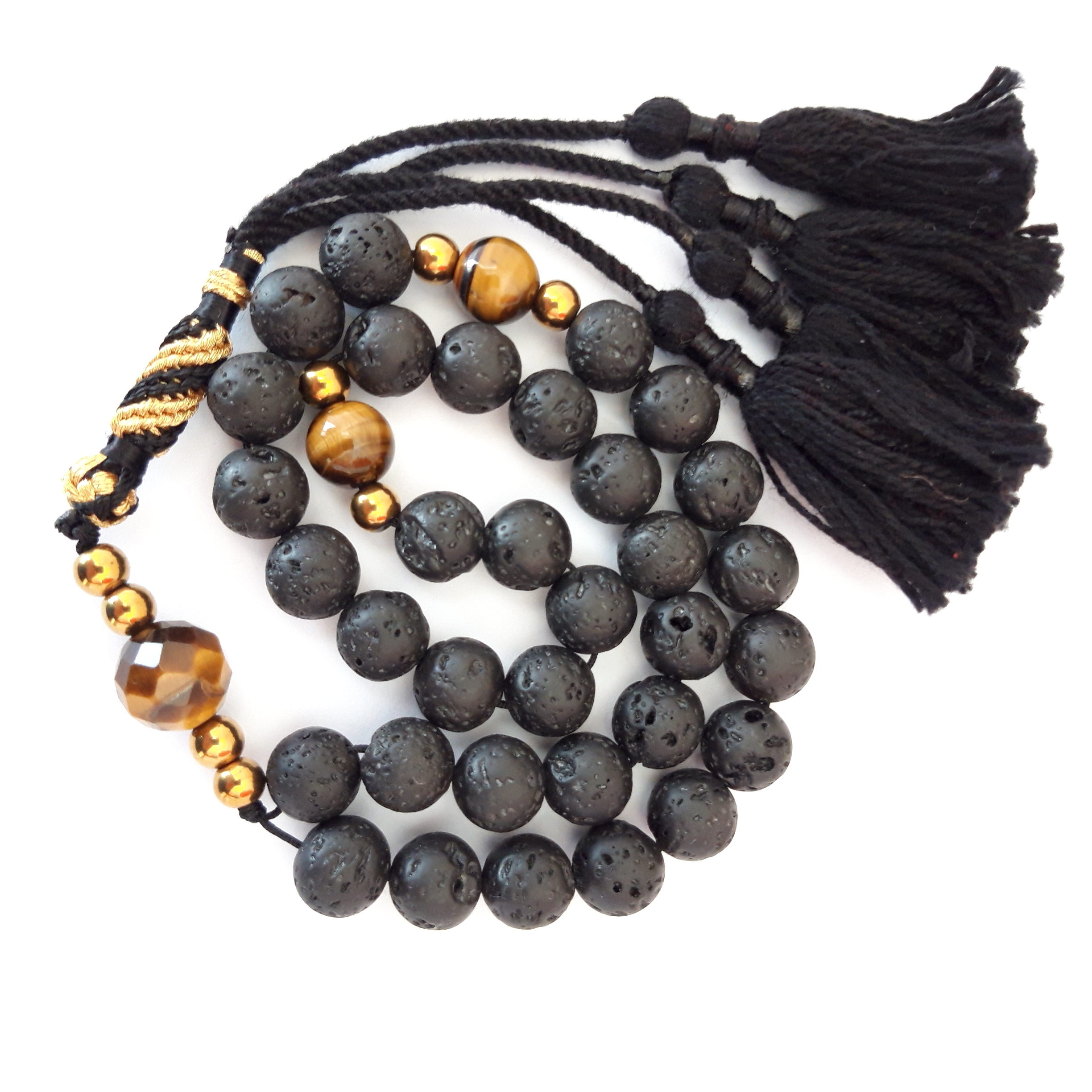 Rosary Prayer Beads Tasbeeh Men Gift Natural Volcanic Lava, Tiger Eye Smooth and Crafted - Image 3