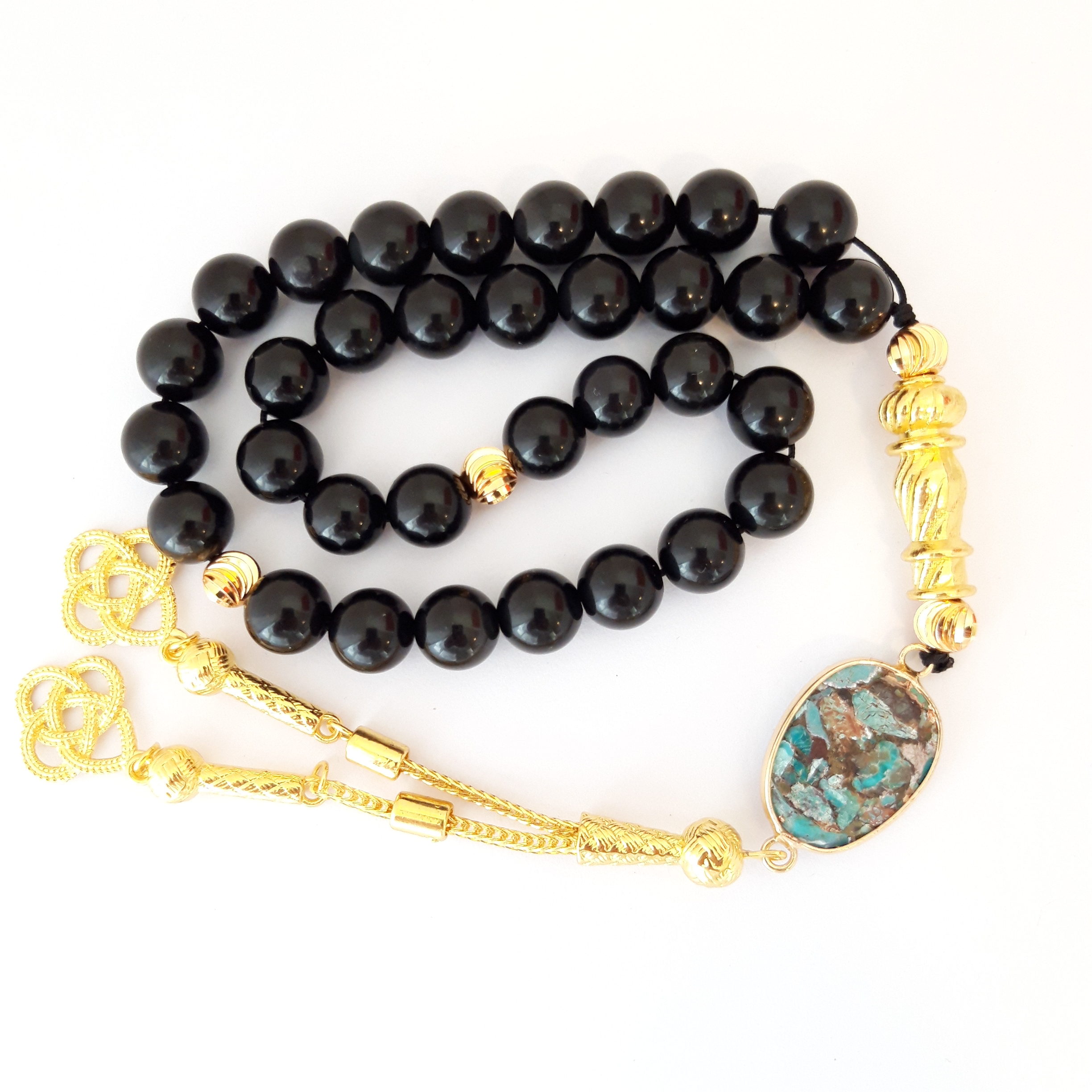 Rosary Prayer Beads Tasbeeh Men Gift Natural Onyx and Turquoise 18k Gold Plated