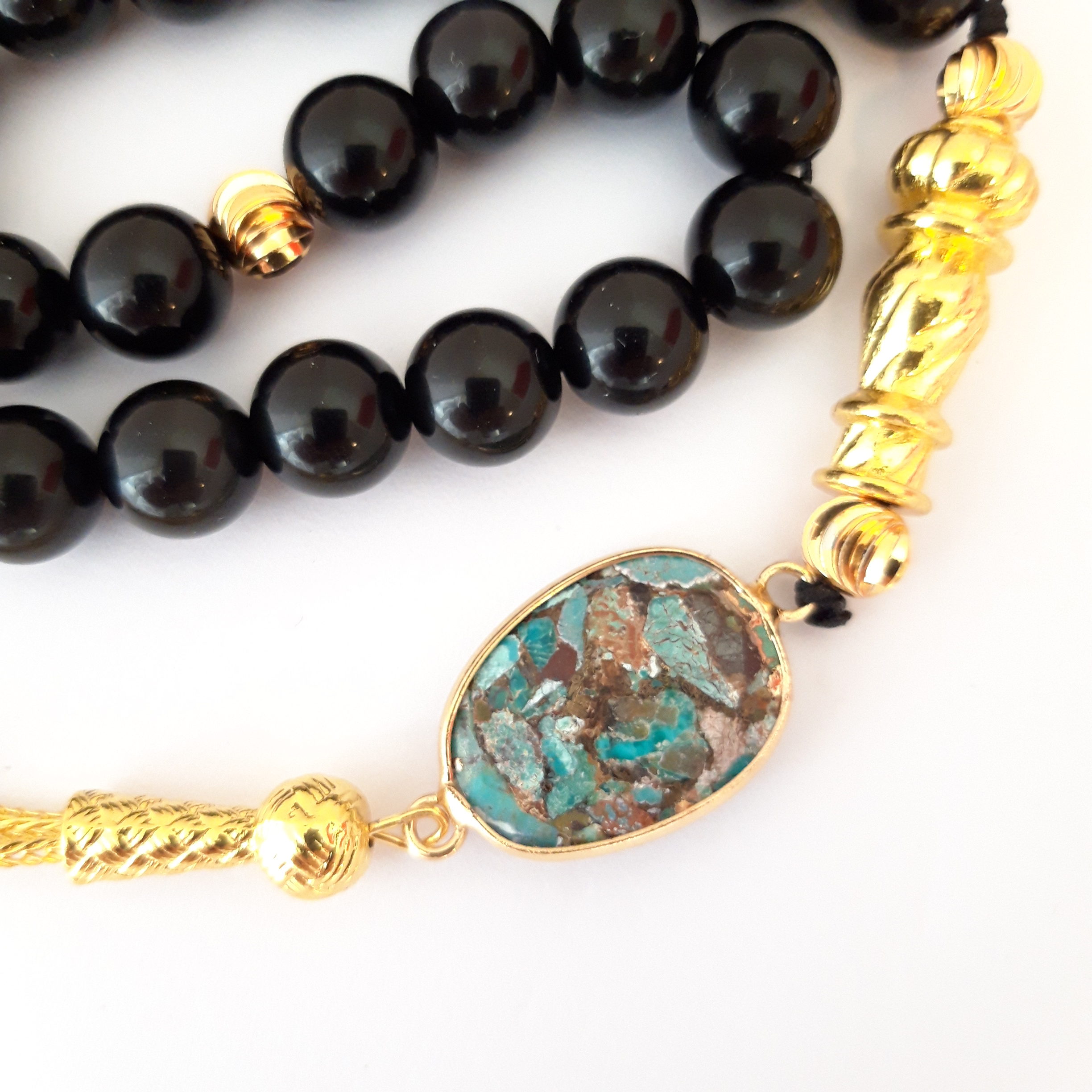 Rosary Prayer Beads Tasbeeh Men Gift Natural Onyx and Turquoise 18k Gold Plated - Image 2