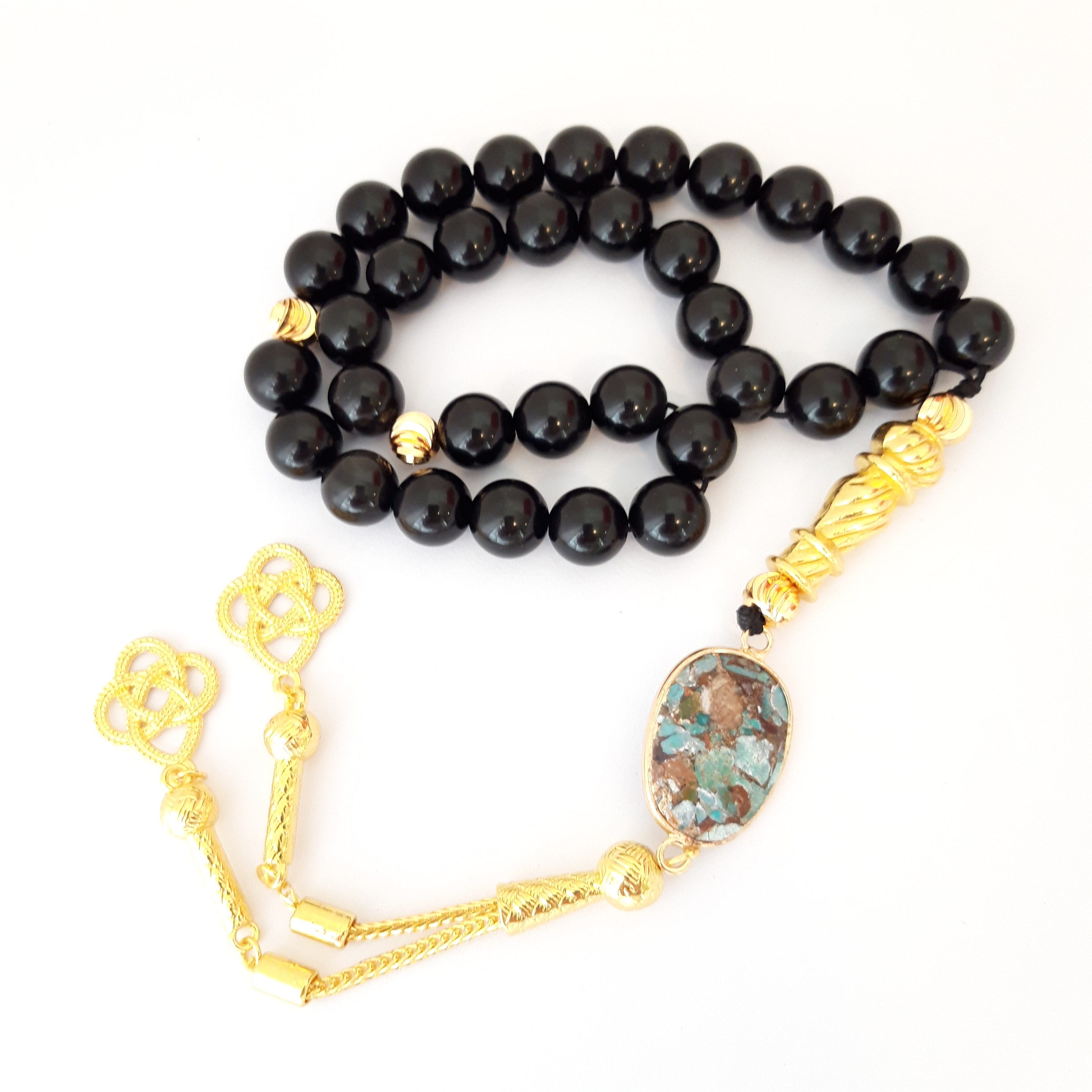 Rosary Prayer Beads Tasbeeh Men Gift Natural Onyx and Turquoise 18k Gold Plated - Image 3