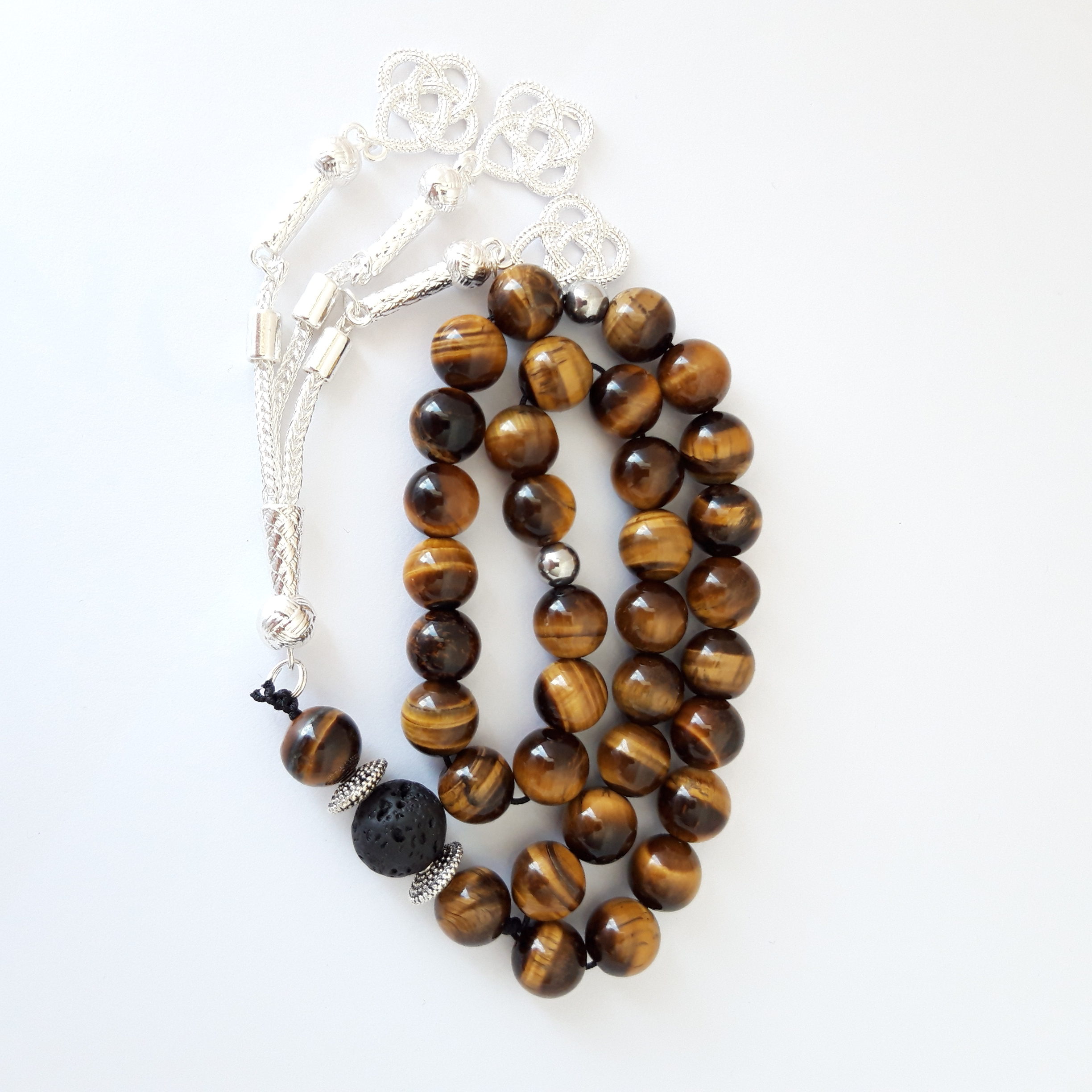Rosary Prayer Beads Tasbeeh Men Gift Natural Tiger Eye and 12MM Volcanic Lava - Image 2