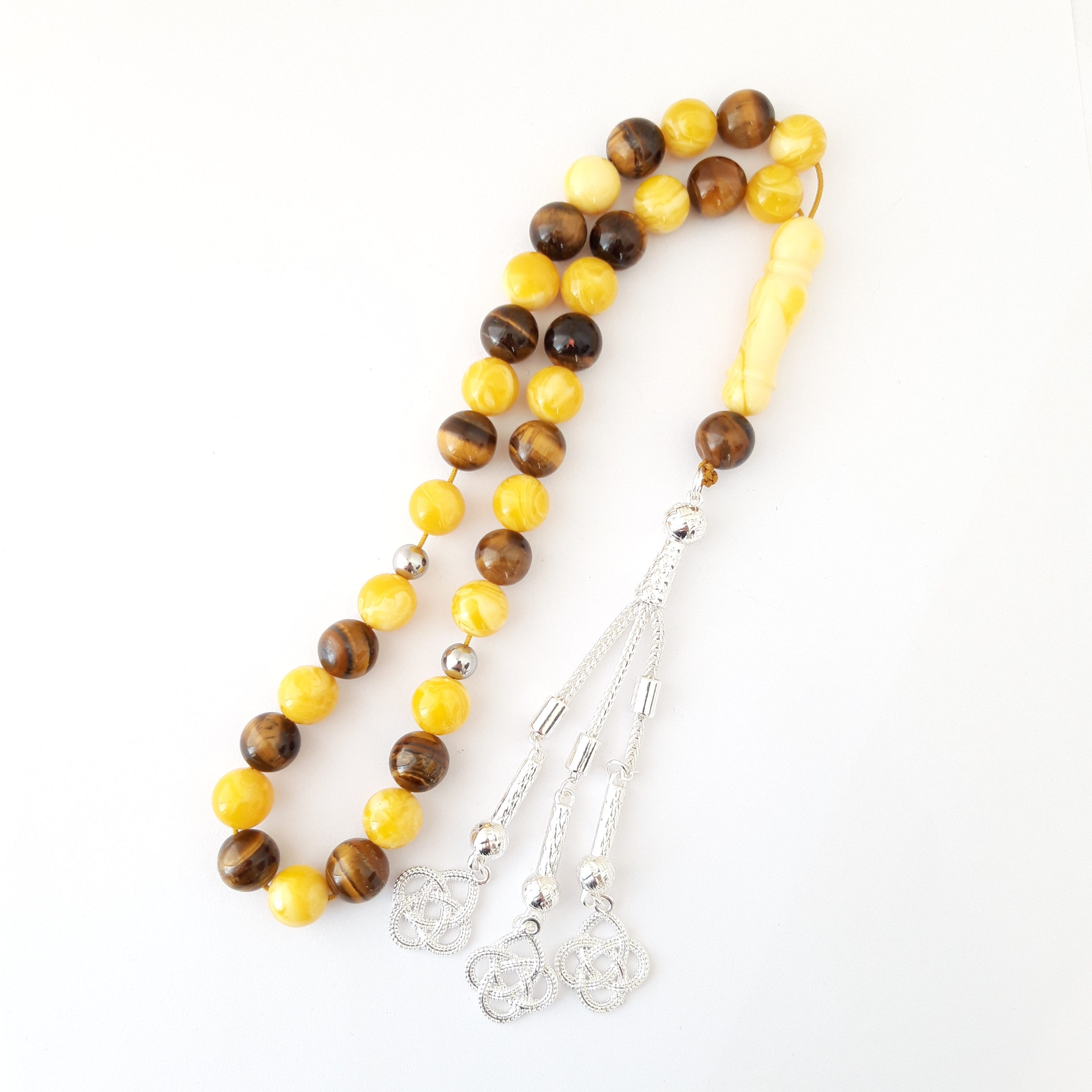 Rosary Prayer Beads Tasbeeh Men Gift Natural Amber Sand and Tiger Eye - Image 2