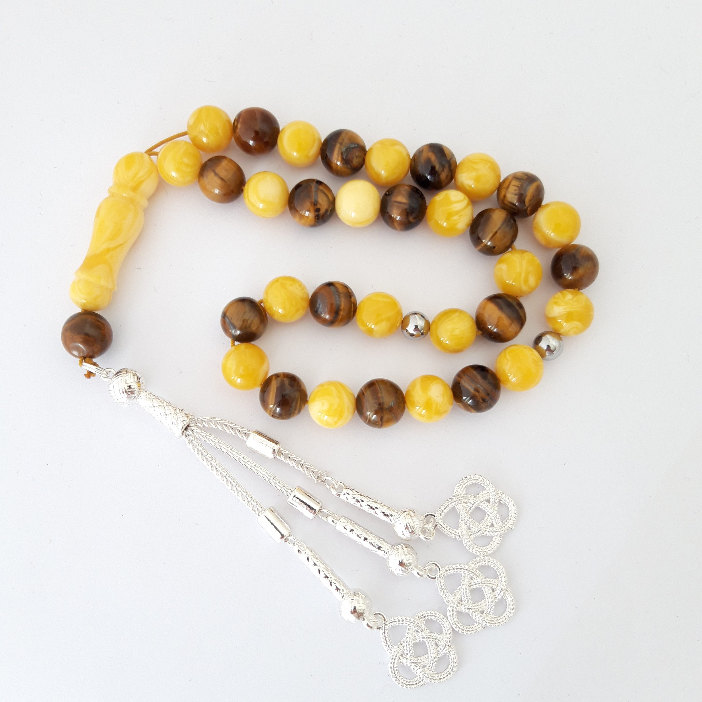Rosary Prayer Beads Tasbeeh Men Gift Natural Amber Sand and Tiger Eye