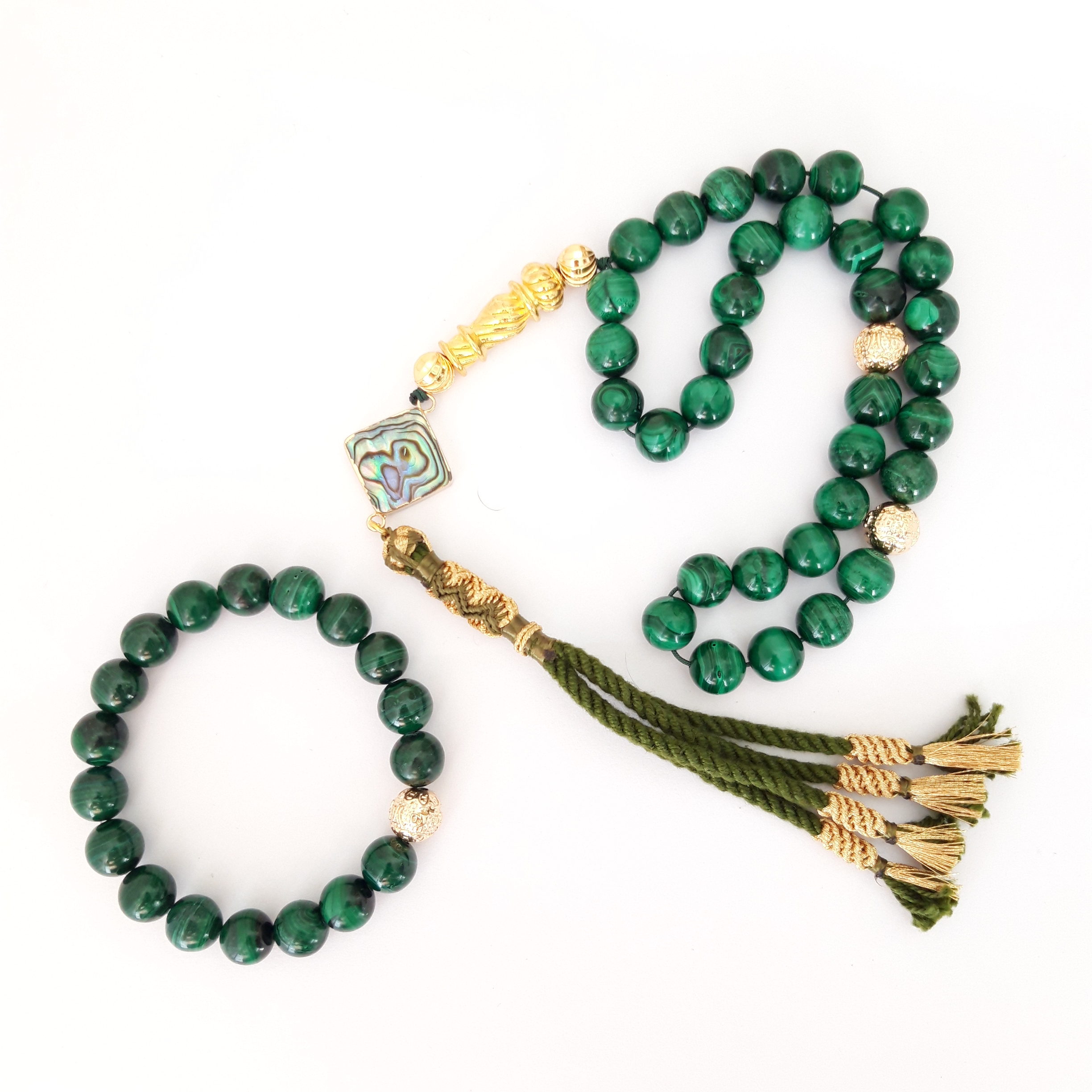 Prayer Beads Rosary Men Gift Tasbih Set with Bracelet Natural Malakite 18k Gold Plated Beads - Image 2