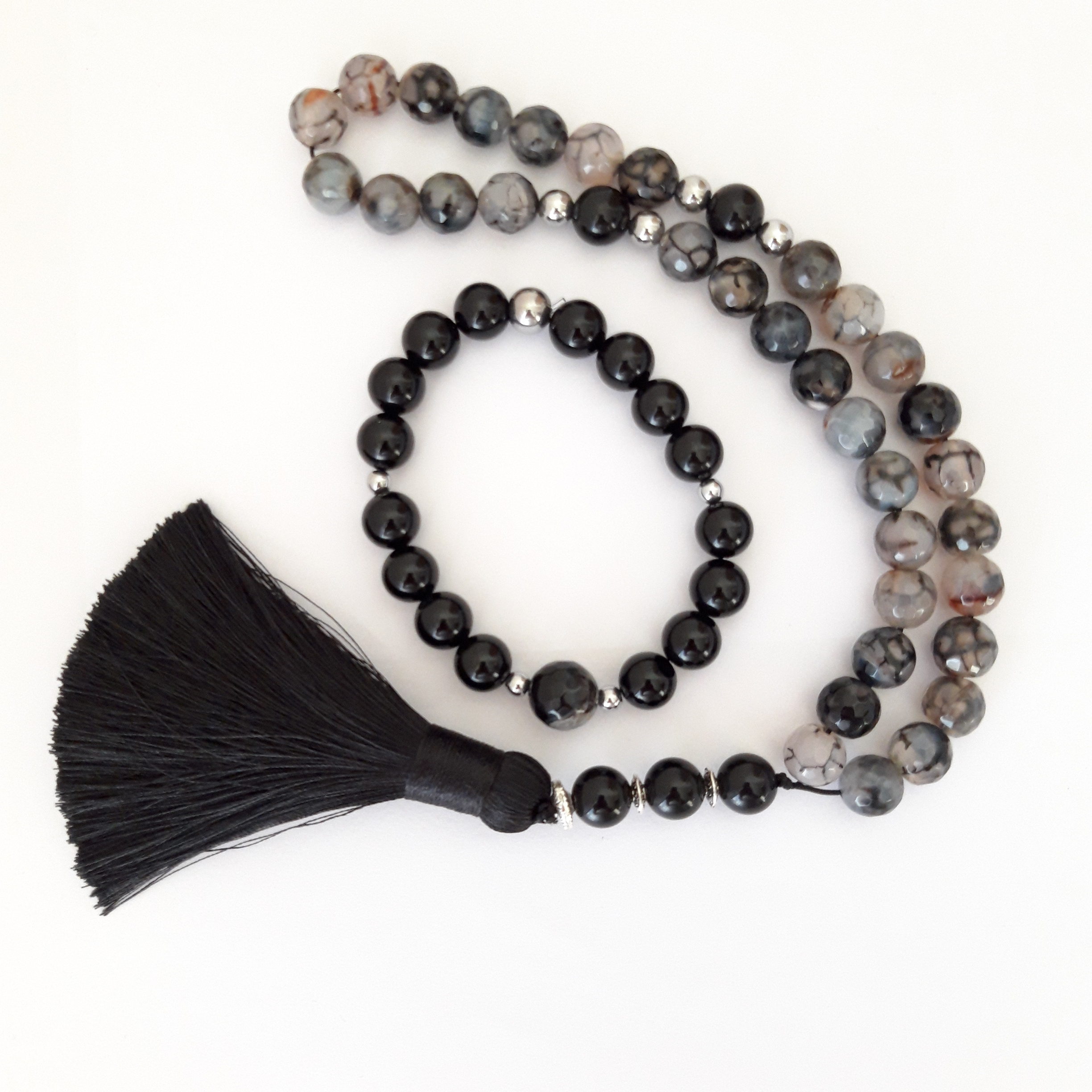 Rosary Gift Prayer Beads Men Tasbih Set with Bracelet Natural Dragon Vains with Onyx