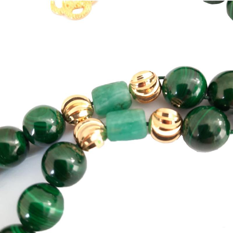 Prayer Beads Emerald Emeralds Green Gift THE EMPRESS natural malachite stone with genuine authentic Colombian Emerald 18k gold plated beads. Exclusive Design timeless piece of art Misbaha - Image 3
