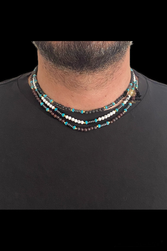 3 Men Necklaces Set Natural Stones 4MM Volcanic Lava Garnet And Howlite - Image 2