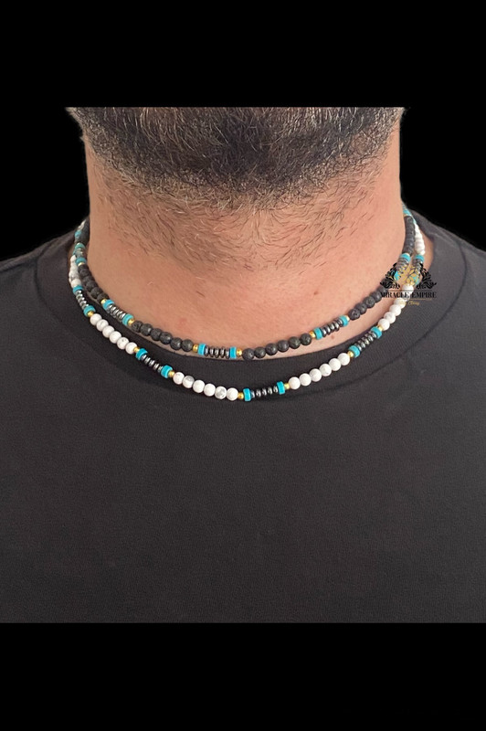 2 Men Necklaces Set Natural Stones 4MM Volcanic Lava And Howlite - Image 2