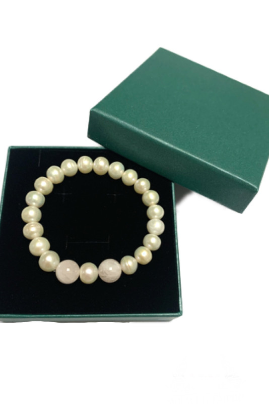 Unisex Woman and Man Bracelet handmade of Natural 10mm Pearls and Rose Quartz - Image 2