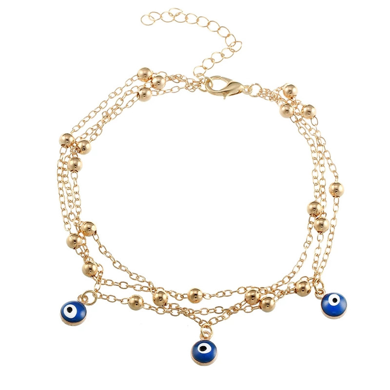 Evil Eyes yellow plated silver base anklet 3 layers fashionable sexy - Image 3