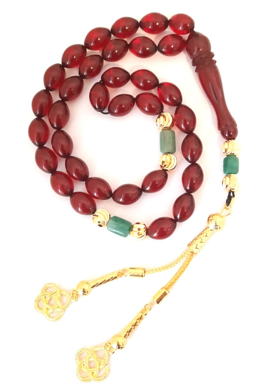 Prayer Beads Emerald Emeralds Green Gift THE DUTCH rich burgandy red amber sand with 18k gold plated beads natural genuine authentic Colombian Emerald rosary. Exclusive Design timeless art Misbaha Tasbih - Image 3