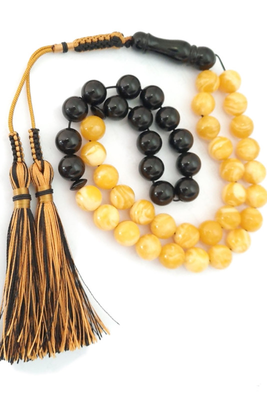Tasbeeh Misbaha Prayer Beads Natural Amber Sand and Onyx with Red and Yellow Handmade Tassel - Image 2