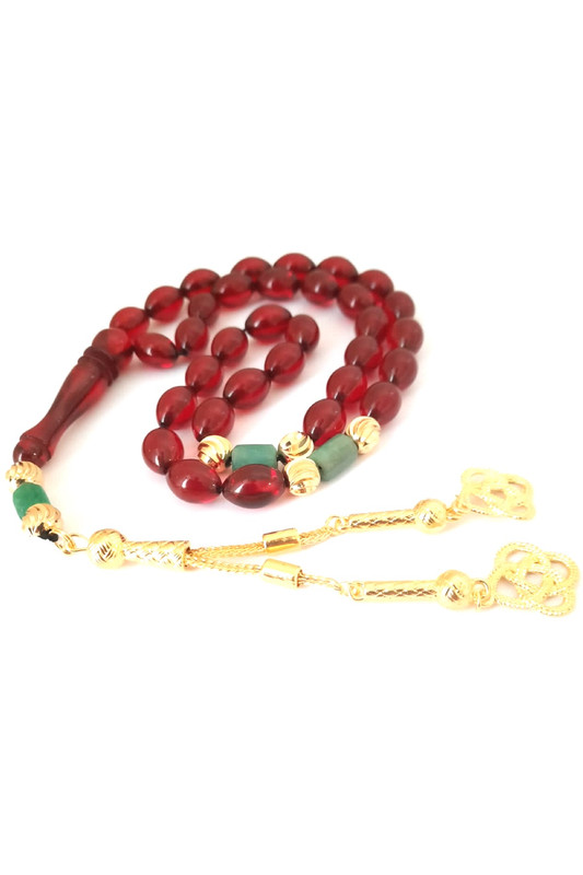 Prayer Beads Emerald Emeralds Green Gift THE DUTCH rich burgandy red amber sand with 18k gold plated beads natural genuine authentic Colombian Emerald rosary. Exclusive Design timeless art Misbaha Tasbih - Image 4