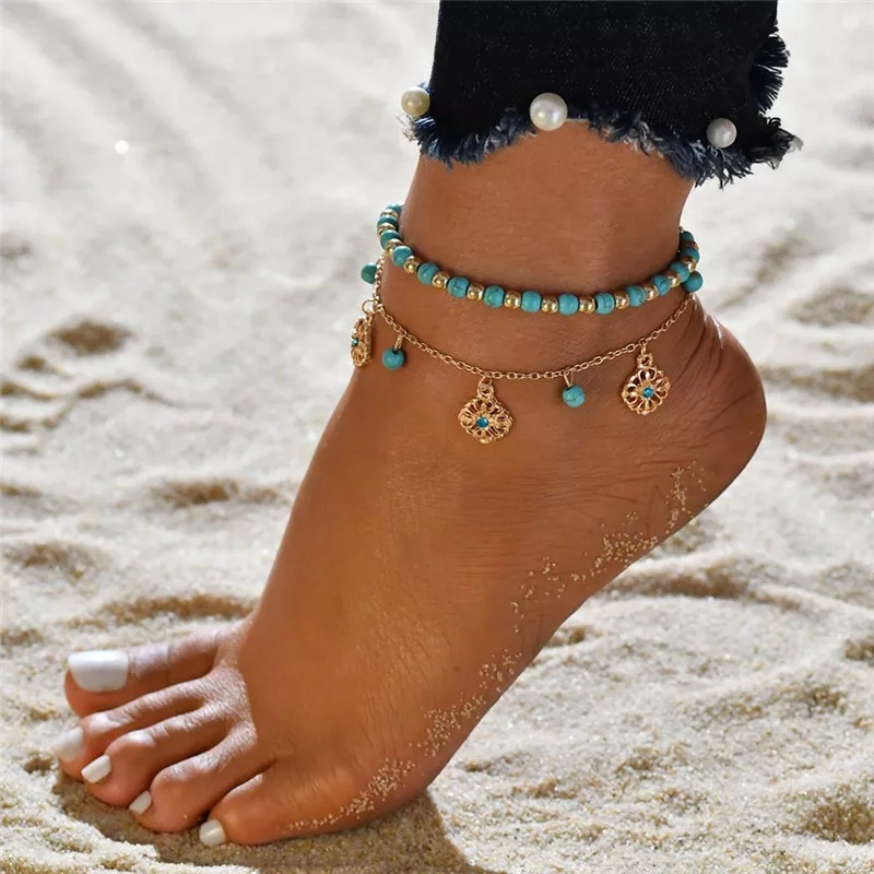 2 anklets turcoise color beads and hanging charms sexy elegant - Image 2