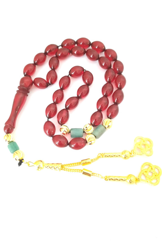 Prayer Beads Emerald Emeralds Green Gift THE DUTCH rich burgandy red amber sand with 18k gold plated beads natural genuine authentic Colombian Emerald rosary. Exclusive Design timeless art Misbaha Tasbih - Image 6