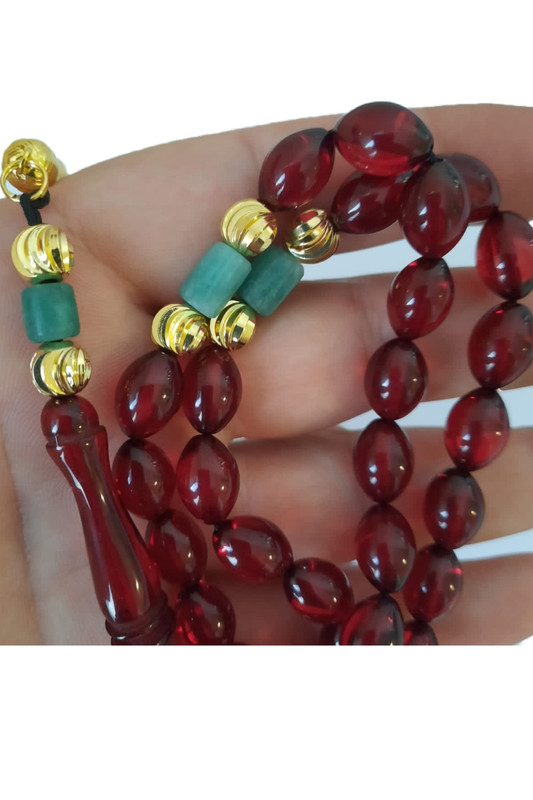 Prayer Beads Emerald Emeralds Green Gift THE DUTCH rich burgandy red amber sand with 18k gold plated beads natural genuine authentic Colombian Emerald rosary. Exclusive Design timeless art Misbaha Tasbih - Image 2