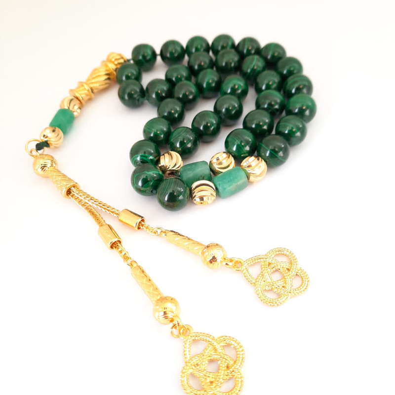 Prayer Beads Emerald Emeralds Green Gift THE EMPRESS natural malachite stone with genuine authentic Colombian Emerald 18k gold plated beads. Exclusive Design timeless piece of art Misbaha - Image 2