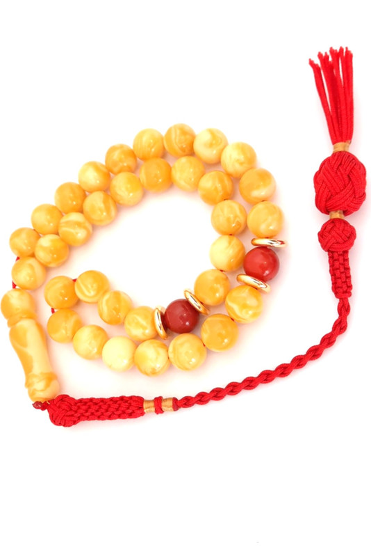 Prayer Beads Natural Coral, Poland Amber Sand, Gold plated Amber Smell. Red Handmade Tassel