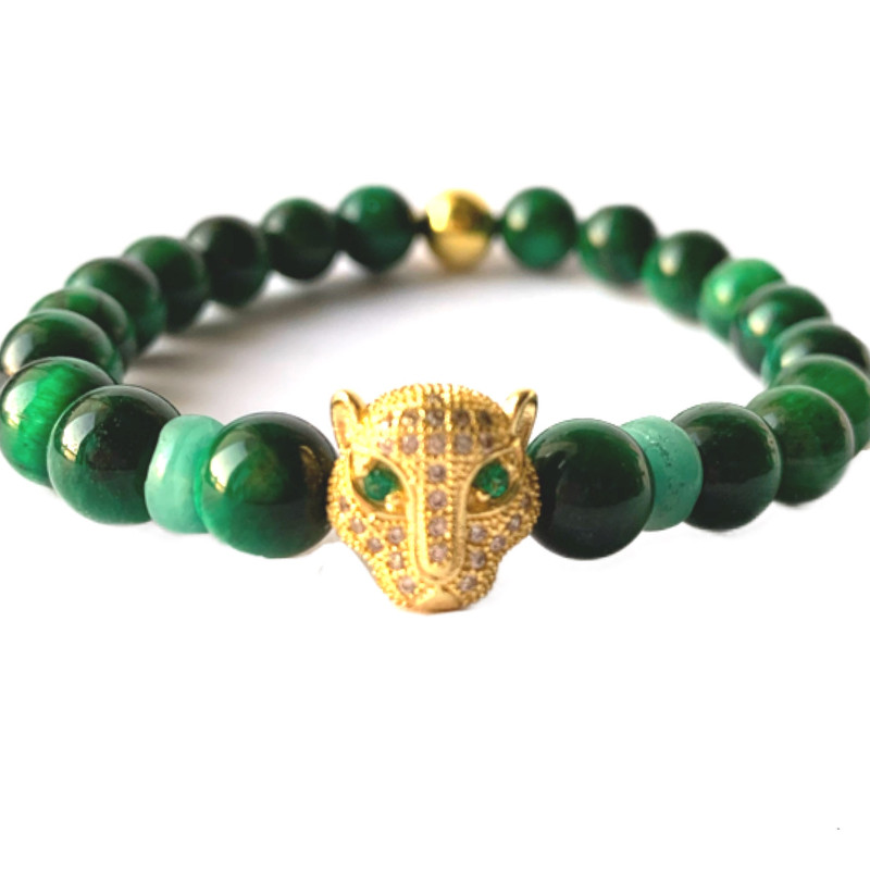 Emerald Emeralds Green Gift THE LEO Genuine Natural Colombian Emerald 2 wheels with green cat eye (8mm) and 18k gold plated and zircons leopard head charm bracelet - Image 2