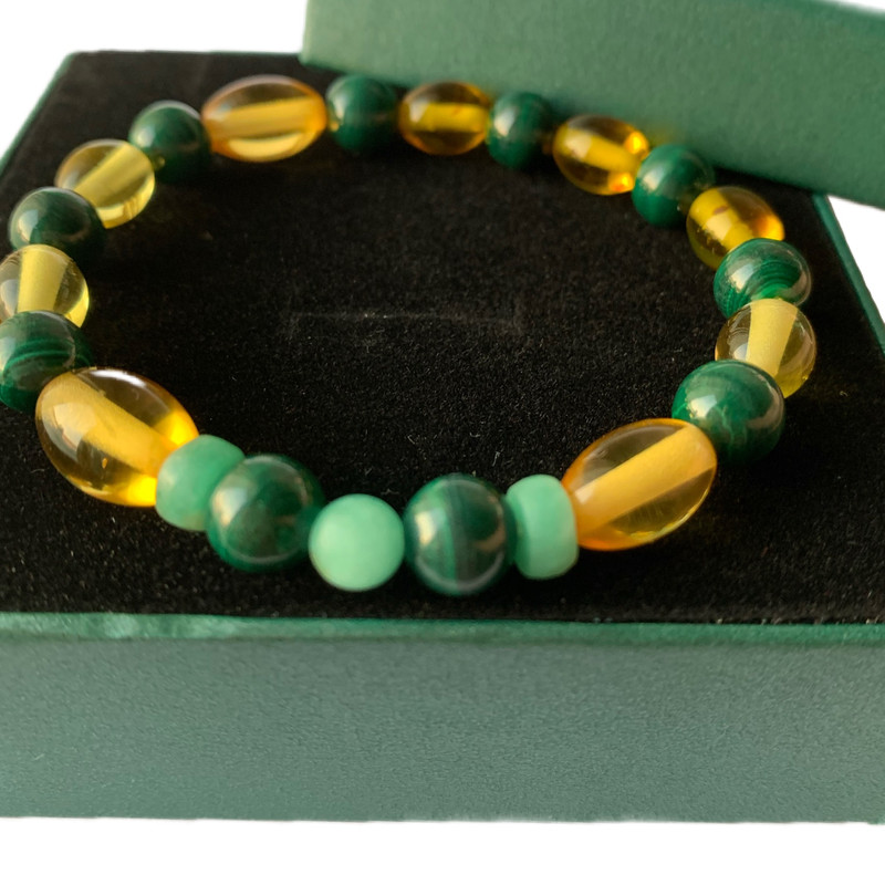 Emerald Emeralds Green Gift HARMONIC Genuine Natural Colombian Emerald (2 wheels 1 beads ~5-6mm) with natural malachite (8mm) and amber sand bracelet - Image 2