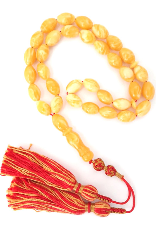 Prayer Beads Natural Poland Amber Sand with Red and Yellow Handmade Tassel - Image 2