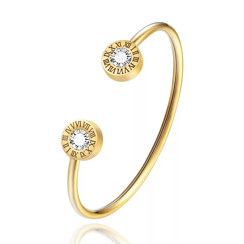 18k gold cuff bangle with crystal roman numbers