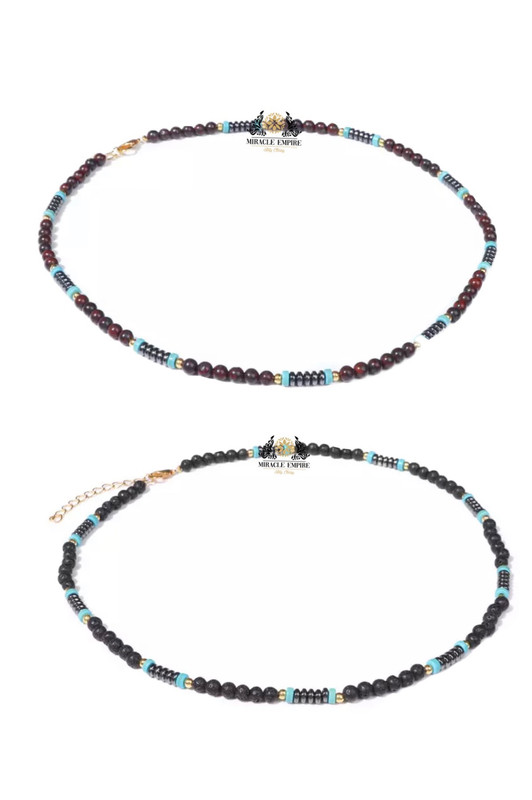 2 Men Necklaces Set Natural Stones 4MM Volcanic Lava And Garnet